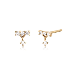 Macro view of gold stud earrings with four marquise-cut clear cubic zirconia diamonds