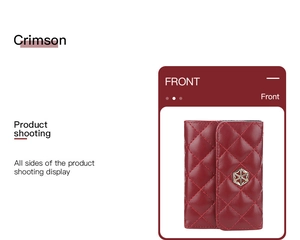 Front view of crimson quilted faux leather card holder with golden hexagon metal detail