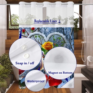 Detail of waterproof double-layer shower curtain with snap-in liner and magnetic bottom