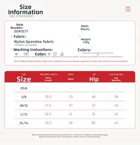 Size chart and fabric details for women's high-waist athletic shorts made of soft nylon