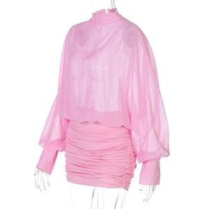 Detailed view of pink sheer chiffon long-sleeve top and matching pleated mini skirt
