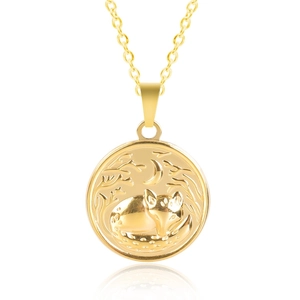 Detailed view of golden 18k plated fox and crescent moon pendant on a fine O-chain