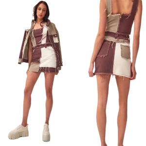 Women's patchwork denim set with halter dress and jacket in chocolate brown and khaki