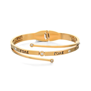 Golden LOVE spiral stainless steel bracelet with sparkling rhinestone inlay for women