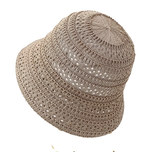 Chic hollowed-out crochet bucket hat in beige for women's summer sun protection