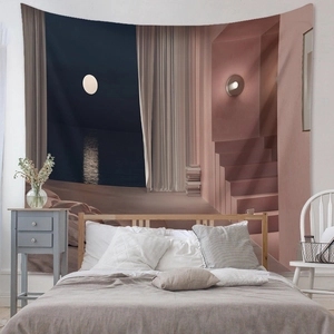 Detail of bohemian tapestry featuring a moonlit sea and pink surreal architecture design