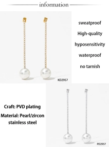 Detail view of pearl and zircon long tassel earrings with PVD plated stainless steel