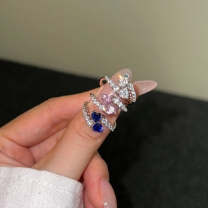 Exquisite S925 sterling silver rings with heart-shaped blue, pink, and clear gemstones