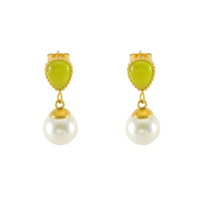 Detail of French vintage earrings with green cat-eye stone and white round pearls