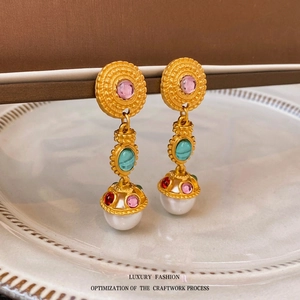 Vintage style drop earrings with brass finish, colorful gemstones and pearl pendants