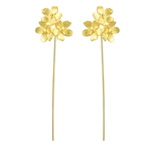 Minimalist gold S925 vertical drop earrings featuring three clustered floral charms