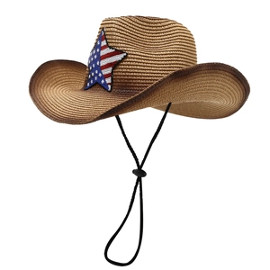Western straw cowboy hat with American flag star and adjustable chin strap