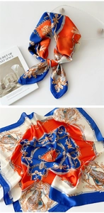 Detail of baroque style silk square scarf with chain patterns in royal blue and orange