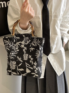 Japanese style linen handbag with floral jacquard and retro bamboo handle detail
