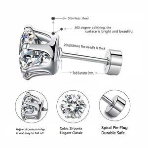 Titanium steel 18k gold plated round zirconia stud earrings with 6-prong setting