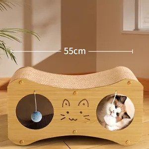 55cm wooden double-layer cat house scratcher with corrugated pad and blue hanging toy ball