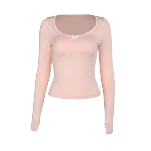 Slim fit long sleeve top for women with square lace neckline and small bow detail