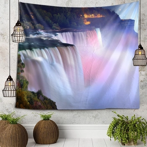 Modern night waterfall tapestry with purple and blue LED lighting for dorm wall decor