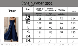 Size chart showing S to XL measurements for this denim backless sleeveless dress