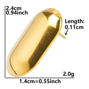 Macro view of gold 304 stainless steel oval earring with size measurements and details