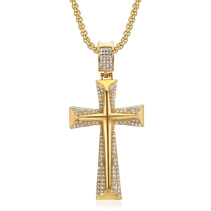 Collier hip hop avec pendentif croix en acier inoxydable doré et cristaux brillants
