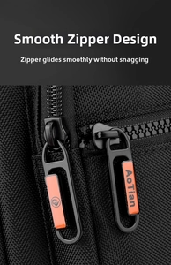 Close-up of durable dual metal zippers with branded AoTian pullers on black business bag