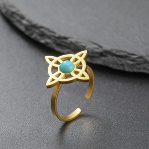 Vintage gold stainless steel witch knot ring with green turquoise and open band