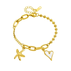 Bracelet en acier inoxydable doré 18K avec breloques étoile de mer et cœur blanc pur