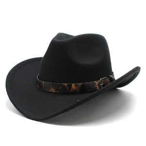 Western Cowboy Hat Felt Fedora Wide Brim Leopard Print Belt Metal Buckle Vintage Jazz Style For Men Women