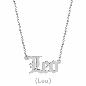 Macro shot of silver titanium steel Leo zodiac necklace with gothic letter pendant