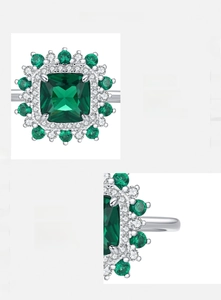 Macro view of emerald-style square zircon ring with S925 silver and pave details