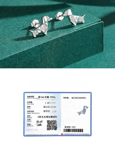 Macro shot of S925 sterling silver dachshund puppy stud earrings with zircon stones