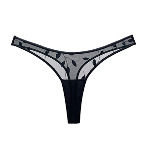 Sheer black mesh thong for women featuring intricate leaf embroidery and breathable T-back