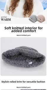 Detail showing soft knitted texture and warm inner lining of the winter beanie cap