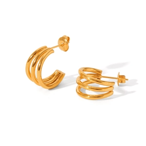 Detailed view of 18k gold plated stainless steel triple-layer hoop earrings for women