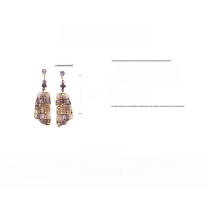 Detailed size and material specs for purple mosaic drop earrings with crystal accents