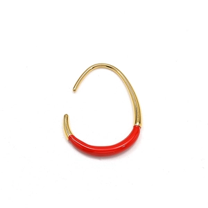 Detail of 18K gold-plated U-shaped earrings with glossy red enamel drip finish