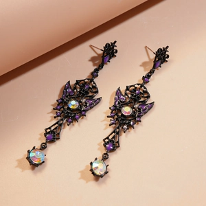 Gothic butterfly water drop earrings with black metal, purple enamel and iridescent gems