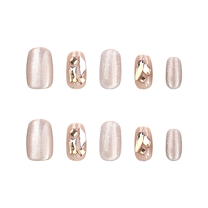 Short square nude cat eye press-on nails with champagne glitter and geometric rhinestones