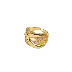 Luxurious layered gold open ring with sparkling pavé crystals and unique pig nose design