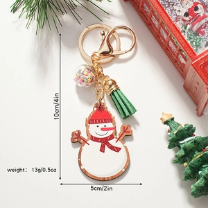 Christmas snowman wooden keychain with green tassel and sparkling star glass ball charm