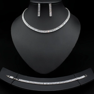 Silver zircon jewelry set including rectangular crystal necklace earrings and bracelet