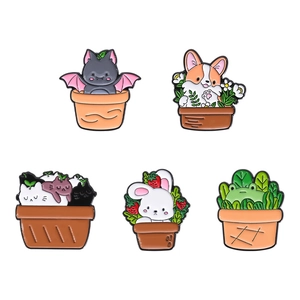 Set of 5 cute animal and potted plant enamel pins featuring cat, dog, rabbit, and frog