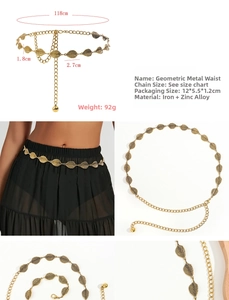 Detail view of gold vintage leaf-shaped metal waist chain with adjustable links