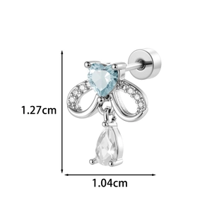 Boucle d'oreille avec cœur bleu, nœud et goutte en argent, dimensions 1,27 cm de haut