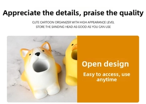 Close-up of open-mouth corgi and duck resin storage holders for nail drill bits