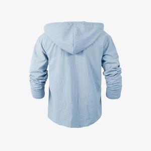 Back view detail of light blue vertical striped linen hoodie with long sleeves and drawstring