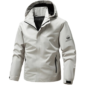 Men's light grey hooded outdoor jacket with windproof high collar and sleeve logo