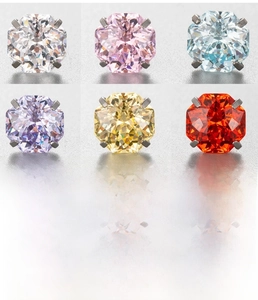 Detail view of 8mm octagonal zircon earrings in six colors with silver steel settings