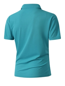 Rear view of peacock blue mesh polo shirt showing detailed pique cotton texture